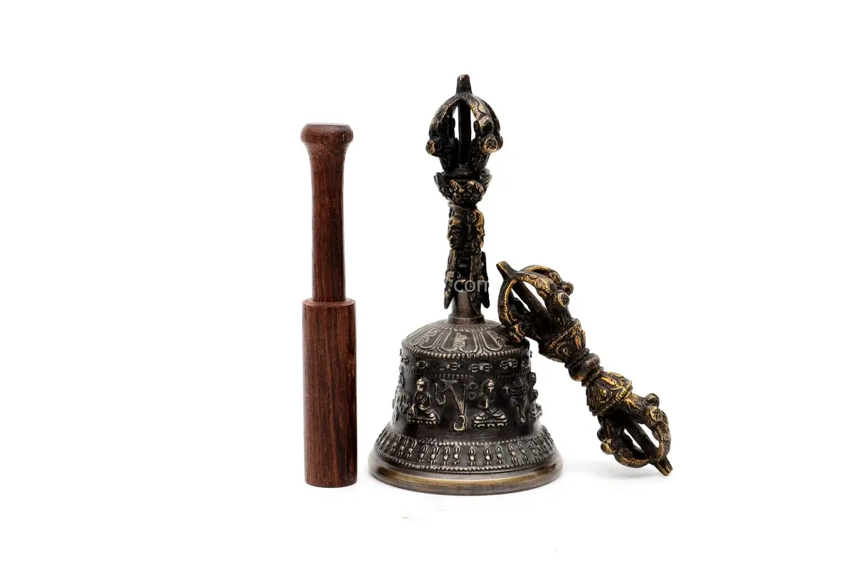 5.5-Inch Tall Tibetan Bell with Five Buddha Embossing – handcrafted from traditional bronze alloy, featuring detailed engravings of five Buddhas, ideal for meditation, ritual ceremonies, and spiritual practices.