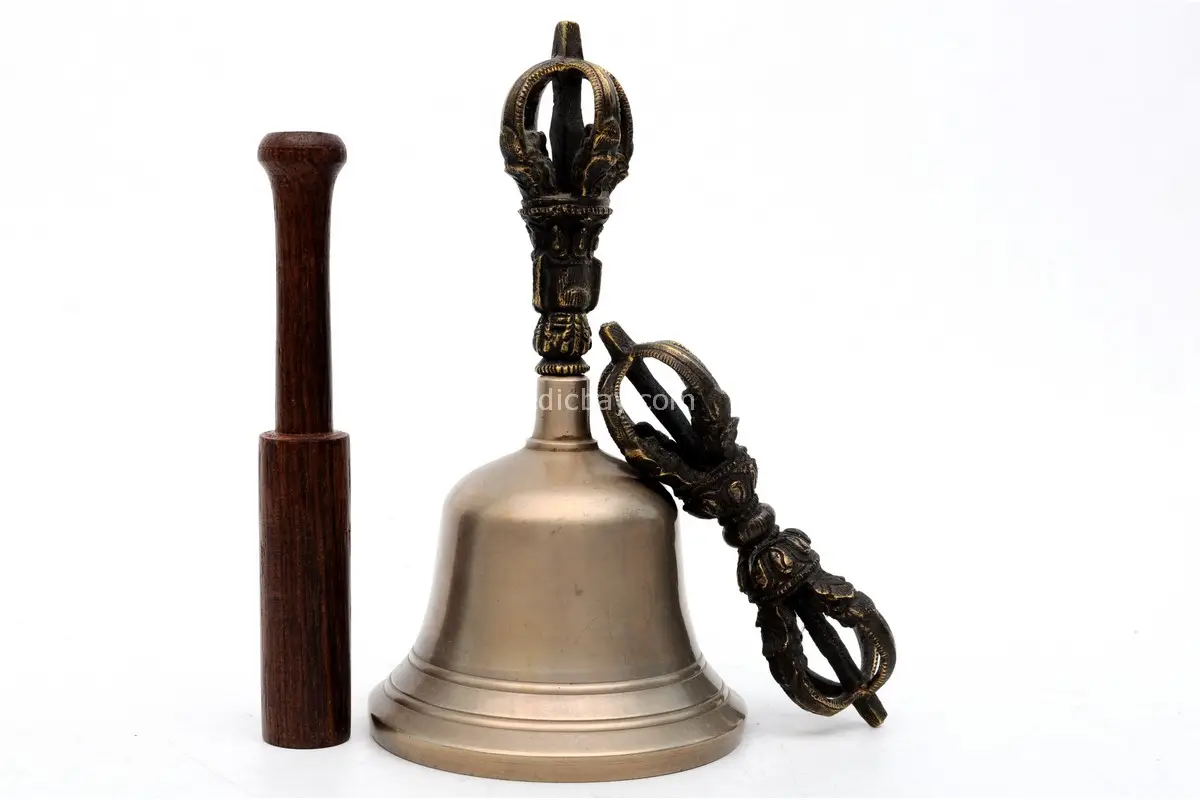 6-Inch Tall Bronze Tibetan Bell – handcrafted using traditional methods, featuring a smooth finish and rich tonal quality, perfect for meditation, spiritual practice, and rituals.