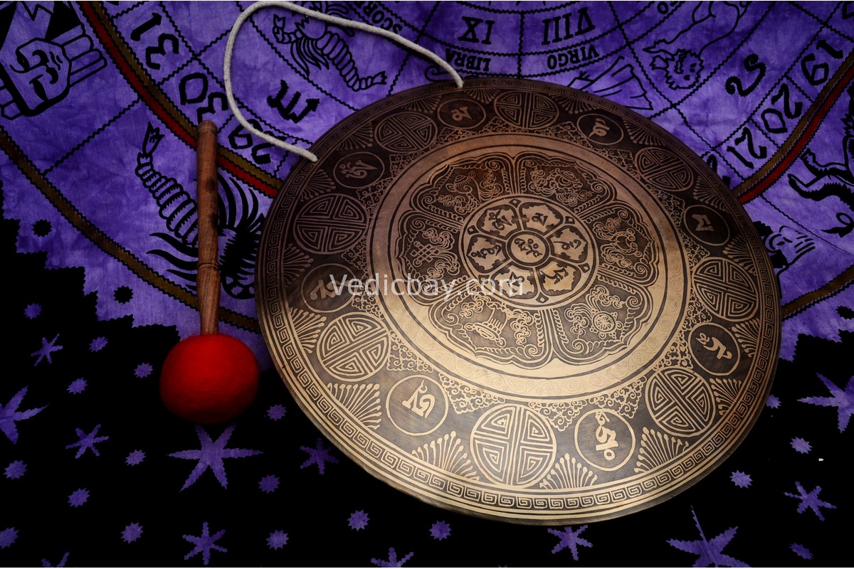 Mantra Mandala Carved Tibetan Gong – Handmade Gong with Sacred Etchings – Deep Resonant Sound for Meditation and Chakra Healing – Includes Felt Striker – From Nepal