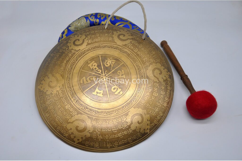 Mantra Carved Tibetan Gong – Handmade Gong for Chakra Healing and Meditation – Sacred Symbols – Deep Resonant Sound – From Nepal