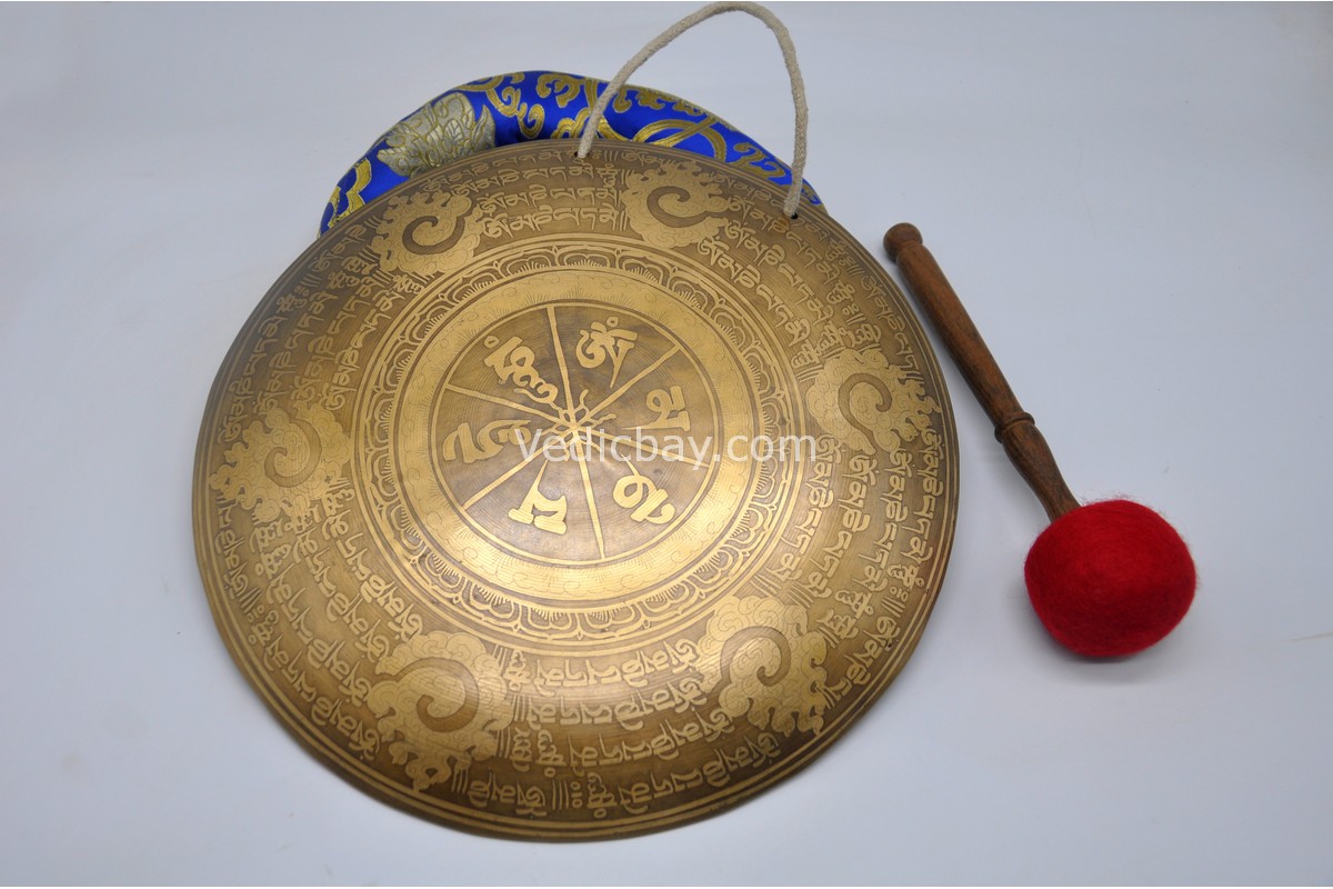 Mantra Carved Tibetan Gong – Handmade Gong for Chakra Healing and Meditation – Sacred Symbols – Deep Resonant Sound – From Nepal