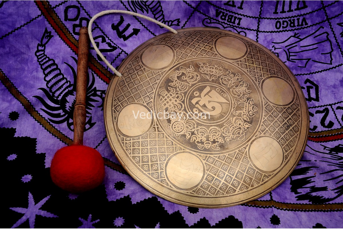Tibetan OM Carved Gong – Handmade Gong for Sound Healing and Meditation – With Mantra Decoration and Felt Striker – Deep Resonance – From Nepal