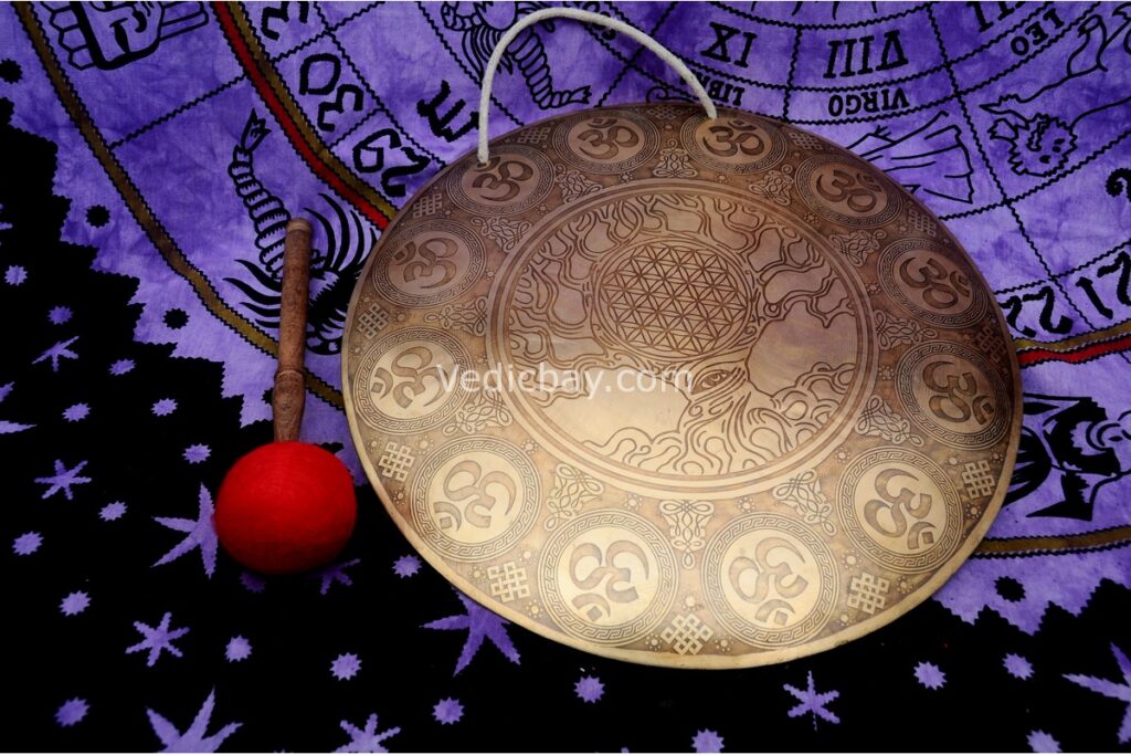Tree of Life Carved Tibetan Gong – Handmade Gong with Mantra Decoration – Deep Resonant Sound for Chakra Healing and Meditation – From Nepal