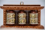 3-in-1 Tibetan Prayer Wheel with two-line mantra – 7 inch brass wheels on wooden frame – handmade in Nepa
