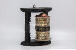 7.5-inch wall hanging Tibetan prayer wheel with wooden frame and Austamangal symbols, handmade in Nepal