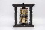 7.5-inch wall hanging Tibetan prayer wheel with wooden frame and Austamangal symbols, handmade in Nepal