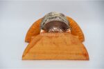 “8-inch wall hanging Tibetan prayer wheel with wooden frame and Austamangal symbol, handmade in Nepal”