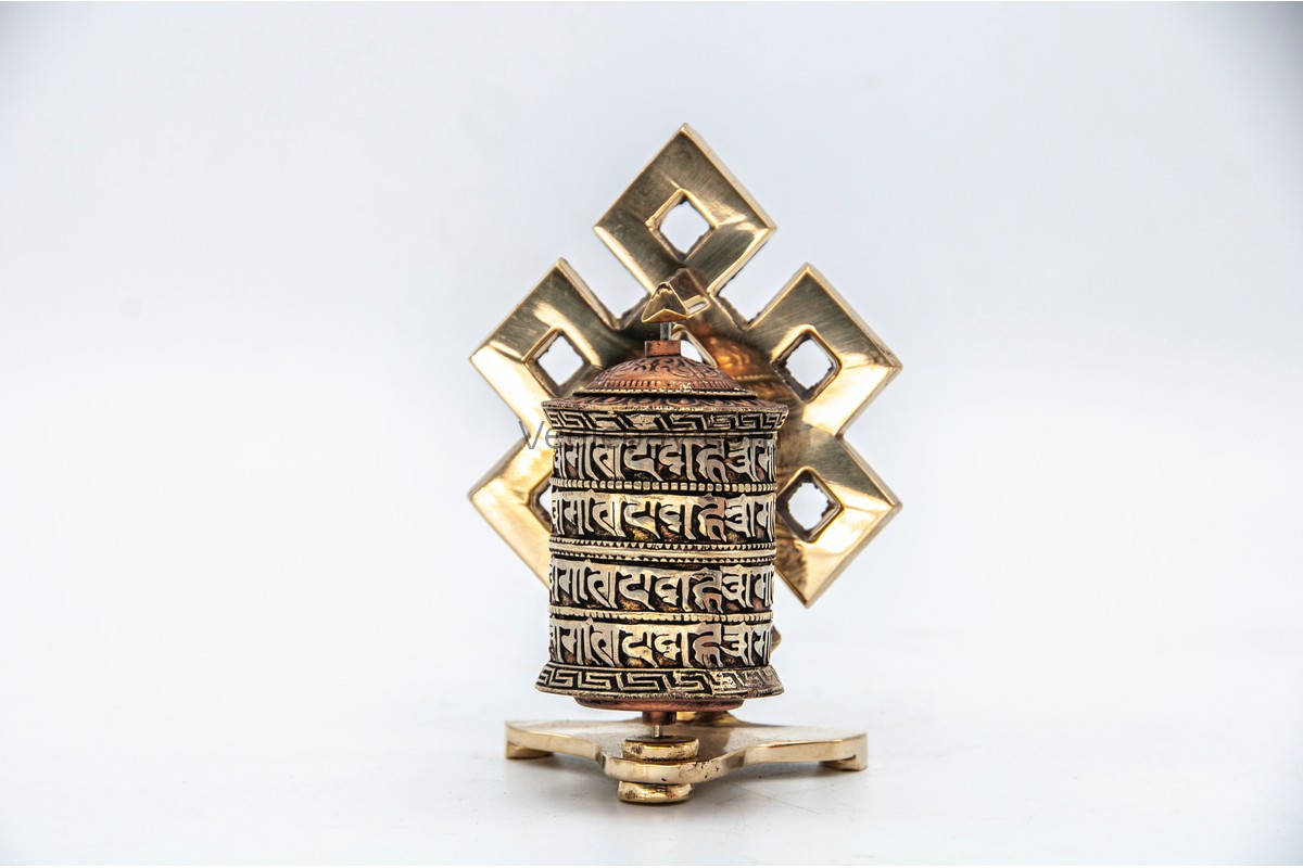 5 inch tabletop Tibetan prayer wheel with 4-line mantra and brass base handmade in Nepal