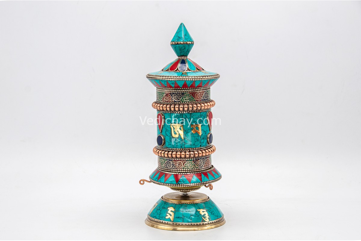 10-inch Tibetan Prayer Wheel with Coral, Turquoise, and Lapis Stone Inlay – Handmade in Nepal