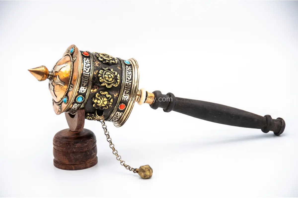 Eight Auspicious Symbol Tibetan Prayer Wheel with wooden handle