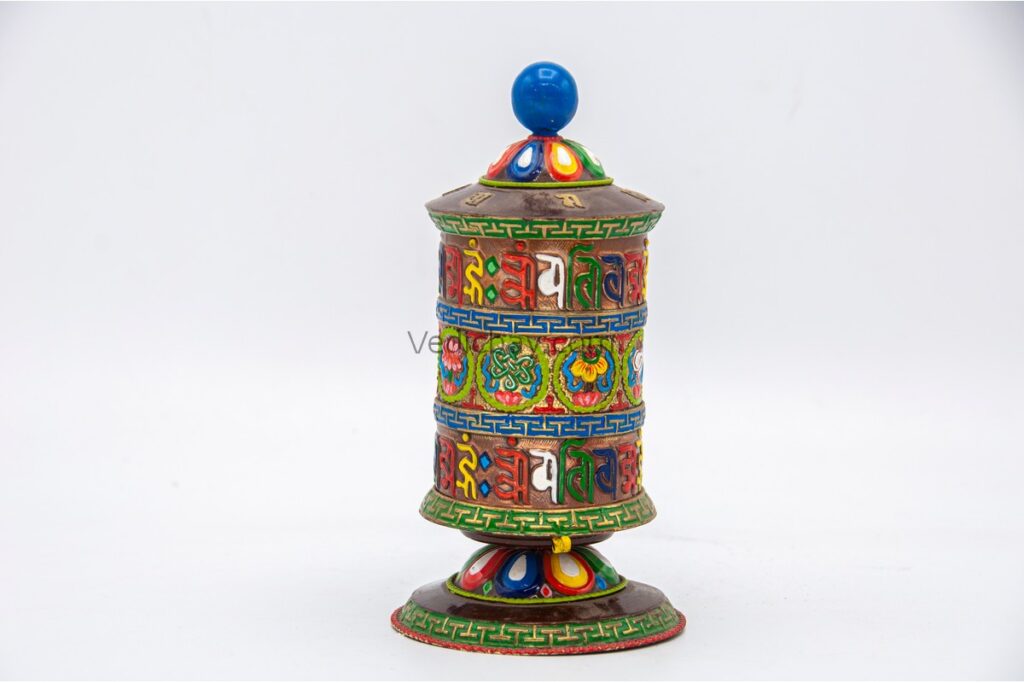 7-Inch Table Top Tibetan Prayer Wheel featuring 8 Auspicious Symbols, Handmade Copper Mantra Wheel from Nepal
