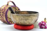 10-Inch Jhumka Full Moon Singing Bowl with cushion, mallet, felt drum stick, and Tibetan silk bag – handmade in Nepal