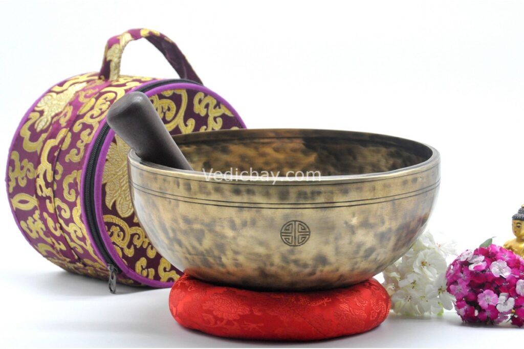 10-Inch Jhumka Full Moon Singing Bowl with cushion, mallet, felt drum stick, and Tibetan silk bag – handmade in Nepal