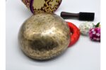 10-Inch Jhumka Full Moon Singing Bowl with cushion, mallet, felt drum stick, and Tibetan silk bag – handmade in Nepal