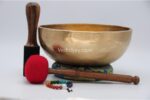 10.5 inch handmade Jhumka singing bowl with dim finish – crafted in Nepal, includes mallet, felt drum stick, cushion, and chakra bracelet