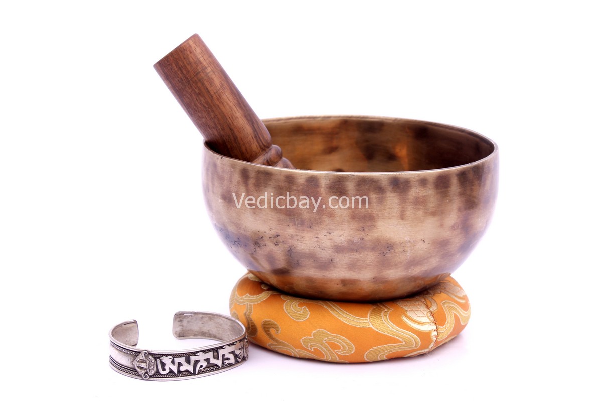6-inch-old-finish-singing-bowl 6-inch Handmade Old Finish Singing Bowl from Nepal with cushion, mallet, and mantra-embossed Tibetan bracelet for chakra healing and meditation