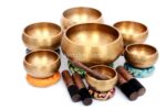 Set of 7 Hand Beaten Chakra Singing Bowls Handmade in Nepal with mallets and cushions