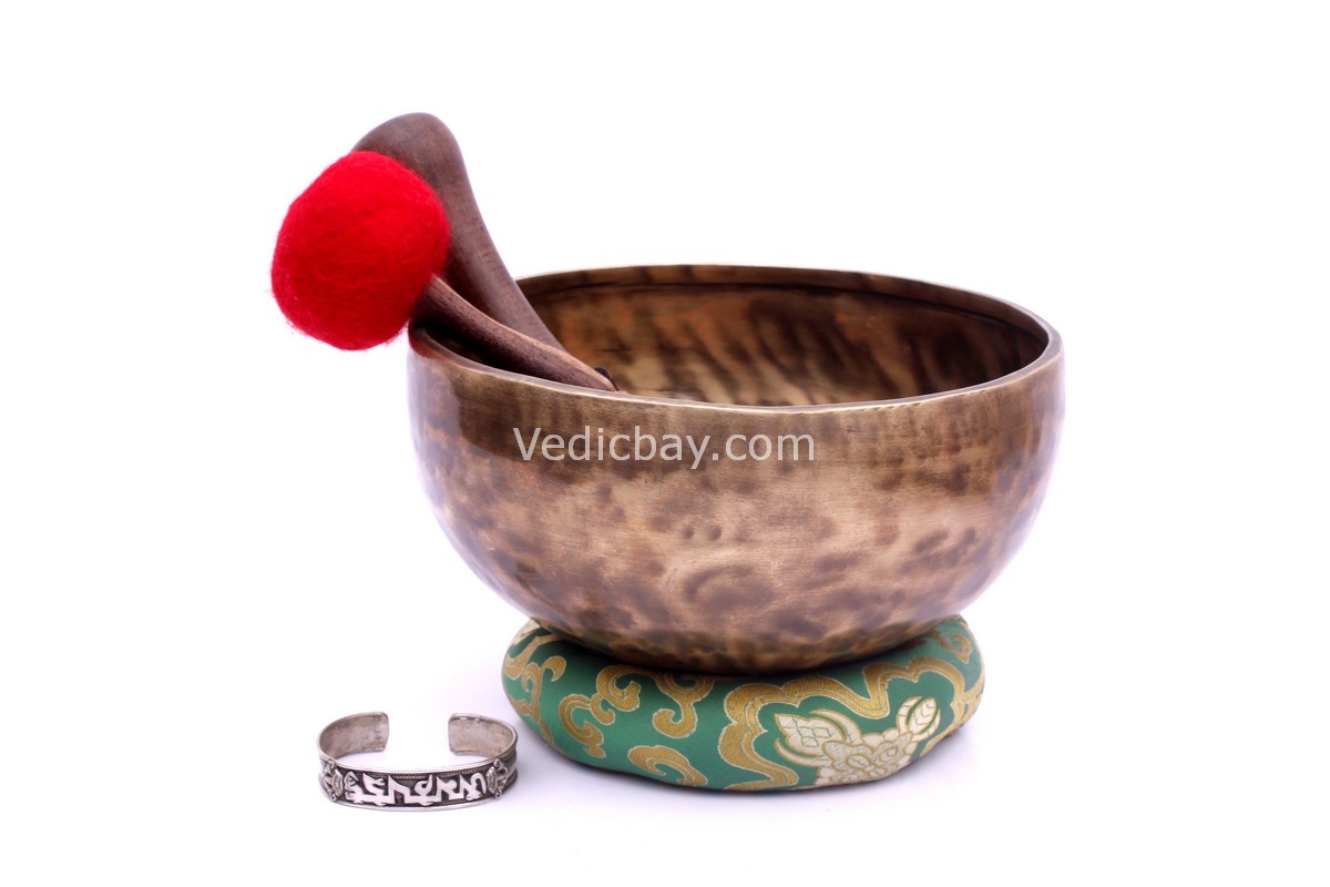 8-Inch Old Finish Handmade Singing Bowl with Cushion, Mallet & Mantra Bracelet