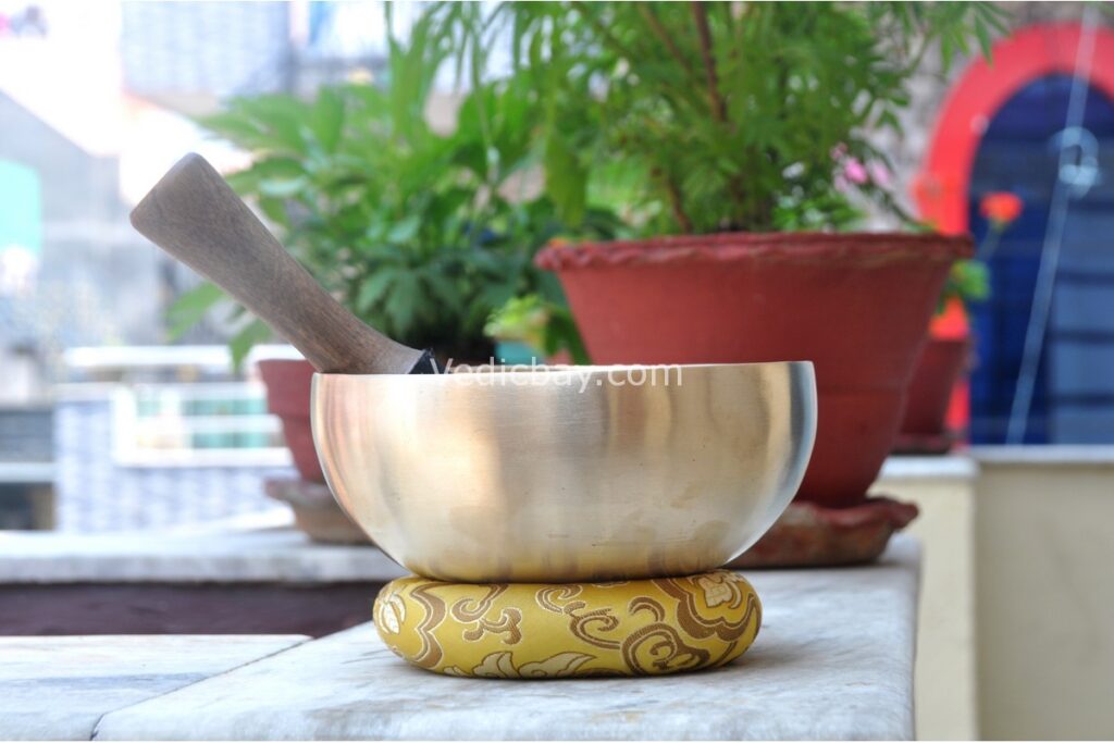 8 inch handmade Tibetan Therapy singing bowl with matt finish – thin wall design crafted in Nepal, includes mallet and cushion