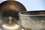 8 inch handmade Tibetan Lingam singing bowl with dim finish – rare Himalayan ritual bowl with central lingam, includes mallet and cushion