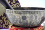 9-Inch Jhumka Full Moon Singing Bowl with mallet, cushion, felt drum stick, and Tibetan silk bag – handmade in Nepal