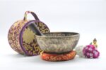 9-Inch Jhumka Full Moon Singing Bowl with mallet, cushion, felt drum stick, and Tibetan silk bag – handmade in Nepal