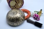 9-Inch Jhumka Full Moon Singing Bowl with mallet, cushion, felt drum stick, and Tibetan silk bag – handmade in Nepal
