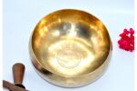 9 inch handmade Tibetan Therapy singing bowl with dim finish – thin wall design, includes mallet, felt drum stick, and cushion
