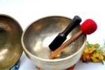 9 inch handmade Tibetan Lingam singing bowl with dim finish – rare Himalayan ritual bowl with central lingam, includes mallet and cushion