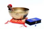 10-Inch Full Moon Singing Bowl with wooden mallet, felt drum stick, and ring cushion – handmade in Nepal