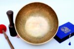 10-Inch Full Moon Singing Bowl with wooden mallet, felt drum stick, and ring cushion – handmade in Nepal