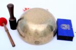 10-Inch Full Moon Singing Bowl with wooden mallet, felt drum stick, and ring cushion – handmade in Nepal