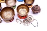 Mini Professional 7 Chakra Tibetan Singing Bowl Set handmade in Nepal with bowls, mallets, cushions, bell, tingsa, and incense burner