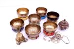 Mini Professional 7 Chakra Tibetan Singing Bowl Set handmade in Nepal with bowls, mallets, cushions, bell, tingsa, and incense burner