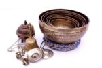Professionally tuned 7 chakra Tibetan singing bowl set with mantra etching, handmade in Nepal with bell, tingsa, and accessories