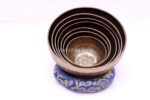 Professionally tuned 7 chakra Tibetan singing bowl set with mantra etching, handmade in Nepal with bell, tingsa, and accessories