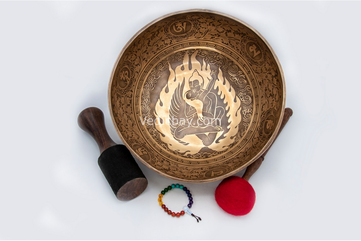10-inch Buddha Shakti Tibetan singing bowl with mantra etched around the bowl – includes cushion, mallet, felt striker, and bracelet – VedicBay