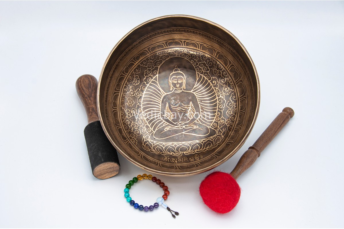 10-inch Buddha Tibetan singing bowl with mantras around and Flower of Life on bottom – includes cushion, wooden mallet, felt striker, and bracelet – VedicBay