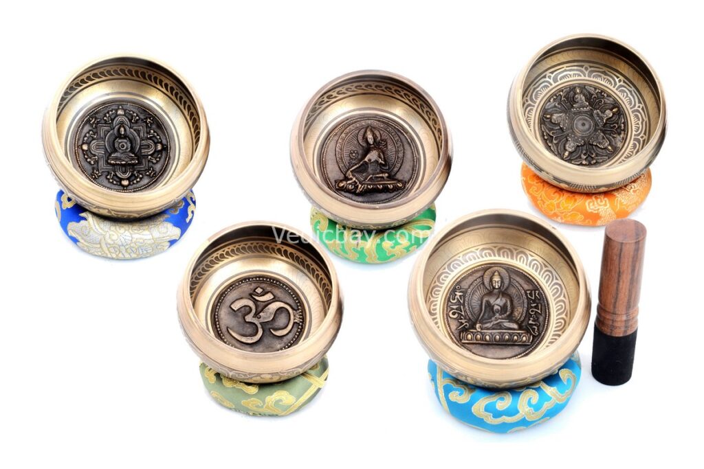 10 cm Bronze Finish Tibetan Singing Bowl – etched with mantras and lucky symbols, embossed 5 Buddha