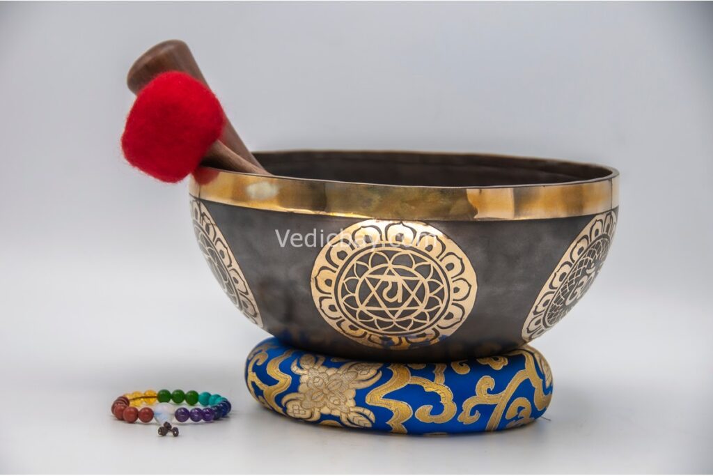 11-inch chakra Tibetan singing bowl carved with 7 chakra symbols – includes cushion, wooden mallet, felt striker, and bracelet – VedicBay