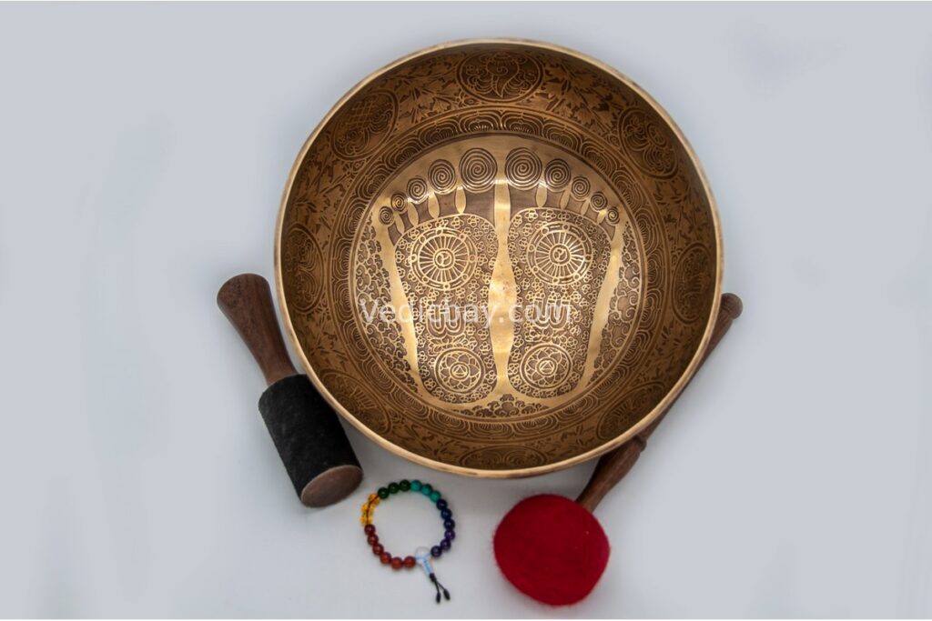 13-inch Buddha Foot Tibetan singing bowl with chakras, mantras, and Flower of Life – includes cushion, mallet, felt striker, and bracelet – VedicBay