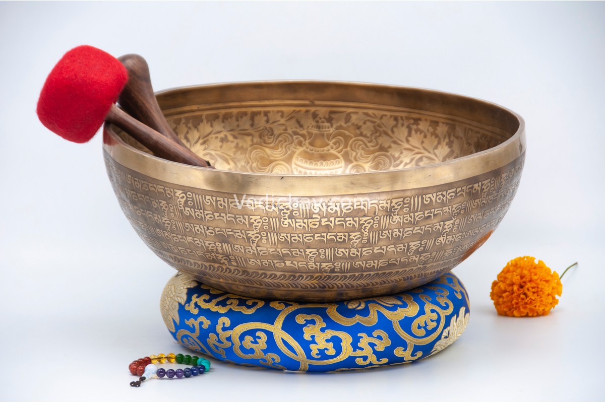 13-inch Double Dorje Tibetan singing bowl with mantras and lucky symbols – includes cushion, wooden mallet, felt striker, and bracelet – VedicBay
