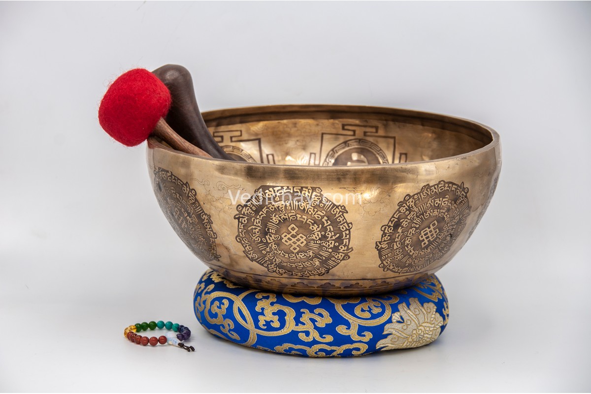 13-inch Manjushree Tibetan singing bowl with mantras and dual fish – includes cushion, mallet, felt striker, and bracelet – VedicBay